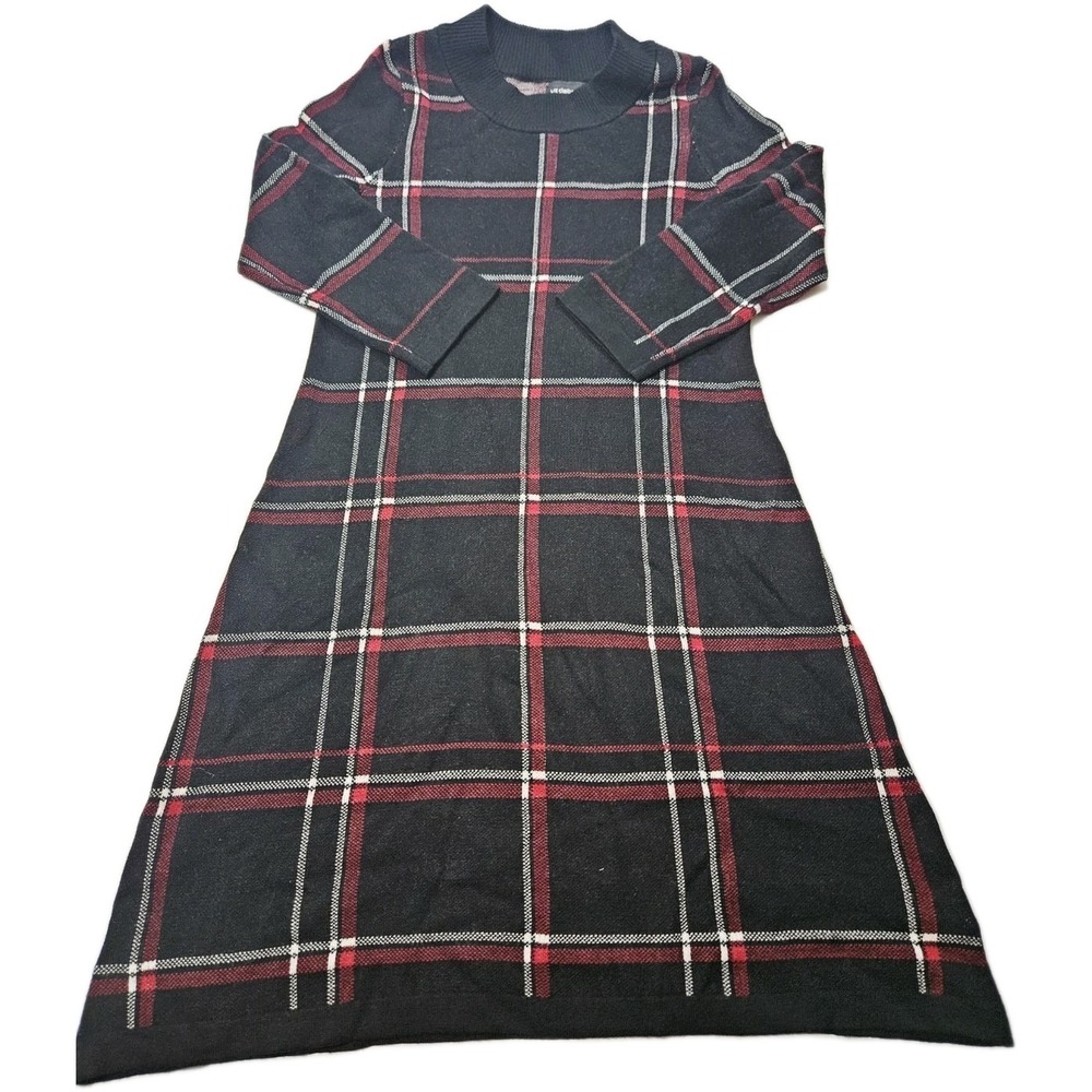 Liz Claiborne Sz Small Black Window Pane Plaid Long Sleeve Stretch Sweater Dress